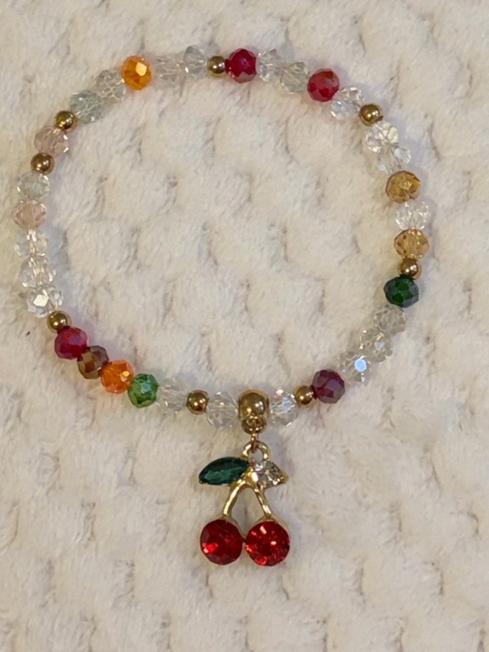 NWOT Crystal Beaded Stretch Bracelet with Red Cherry Pendant